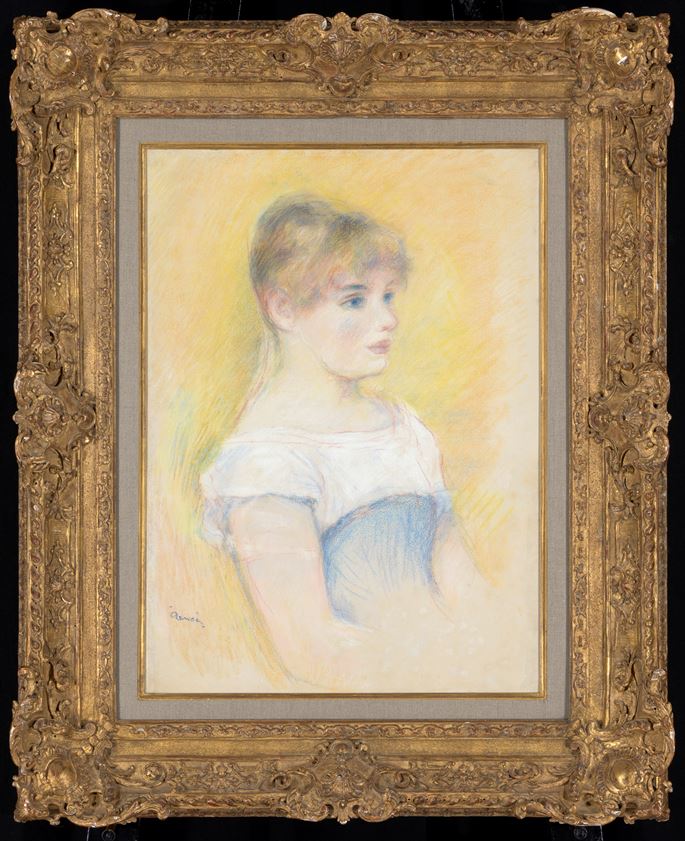 Pierre Auguste Renoir - Portrait of Jeanne Samary (Fille au corset bleu) (Une blonde aux yeux bleus, vue de trois quarts sun un fond jaune) | MasterArt
